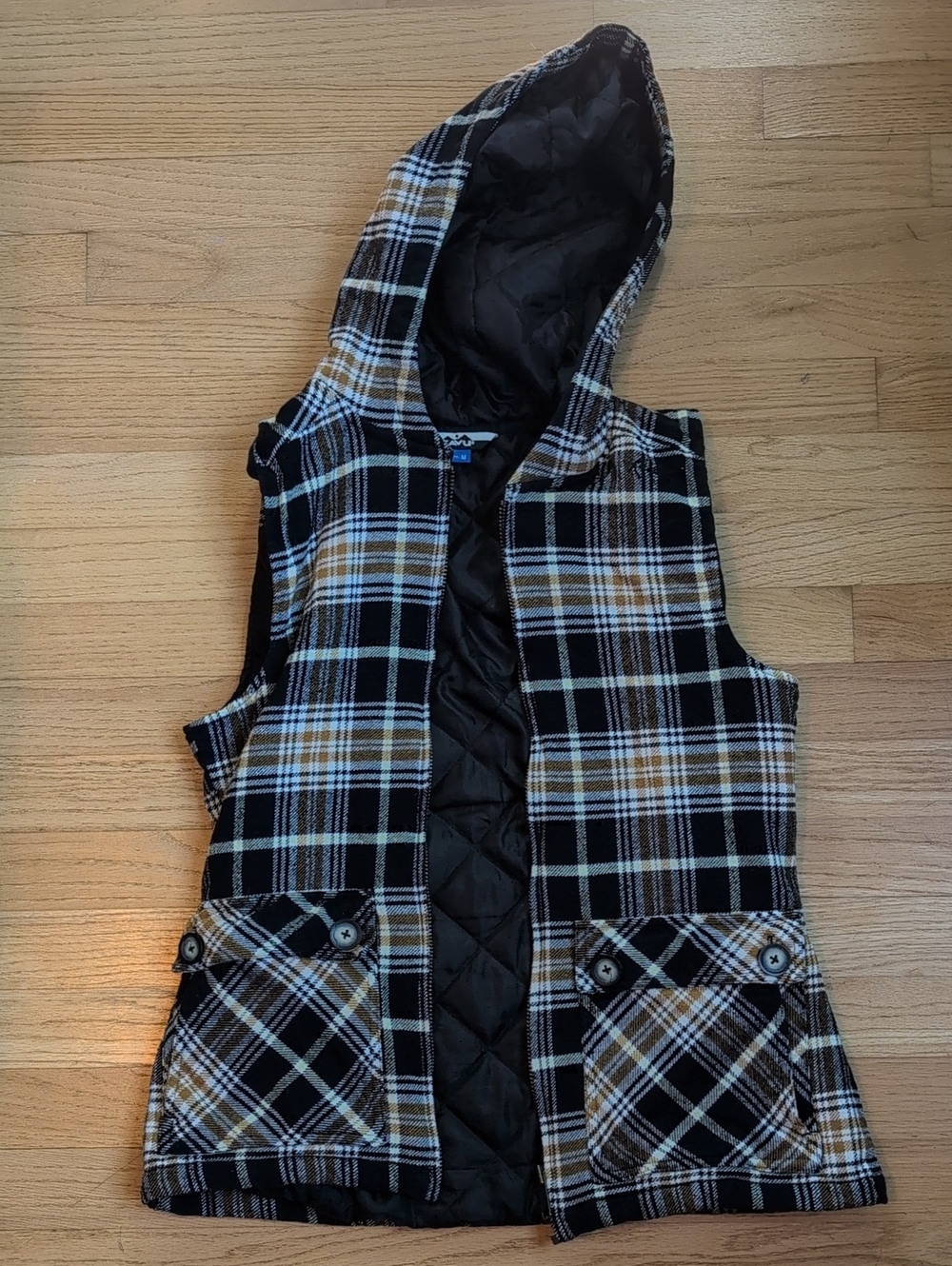 Kavu Quilted Vest with Black, White & Tan Plaid Trim